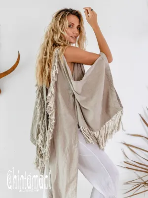 Alma Libra Linen Fringe Kimono ∆ Boho Cardigan Robe / Natural Gray