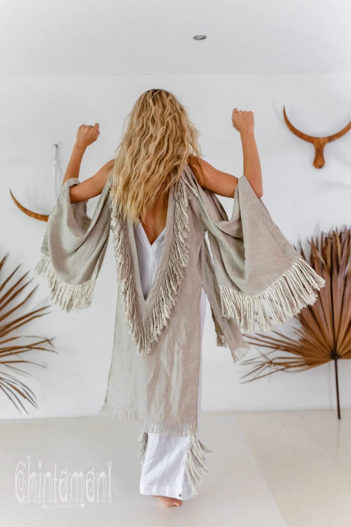 Alma Libra Linen Fringe Kimono ∆ Boho Cardigan Robe / Natural Gray