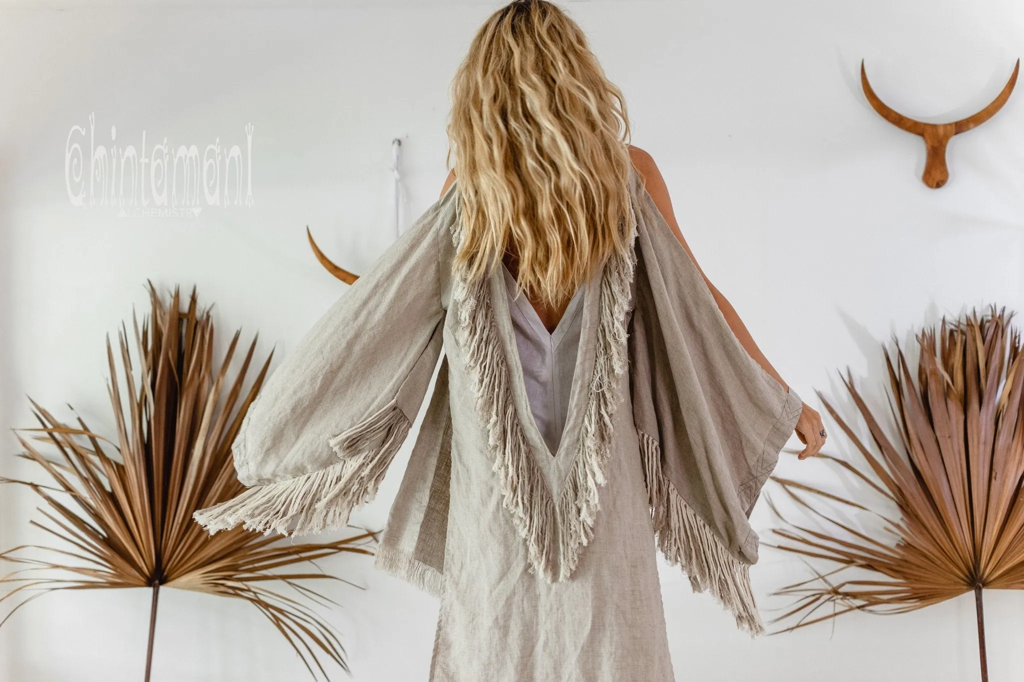 Alma Libra Linen Fringe Kimono ∆ Boho Cardigan Robe / Natural Gray