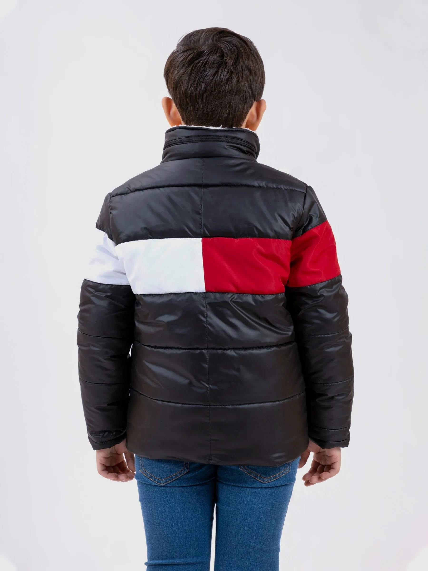 Black & Red Casual Puffer Jacket With Sherpa & Hidden Hoodie - Unisex