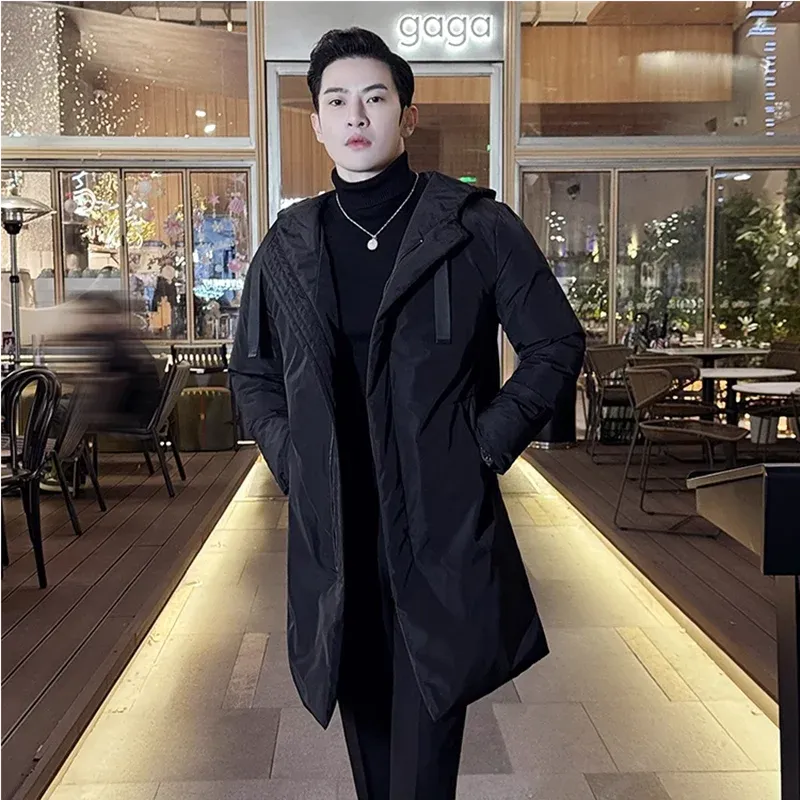 Bonsir Winter New Mid-Length Down Coats High Quality Fashion Men Solid Color Thicken Thermal Overcoat Korean Outdoor Hooded Windbreaker