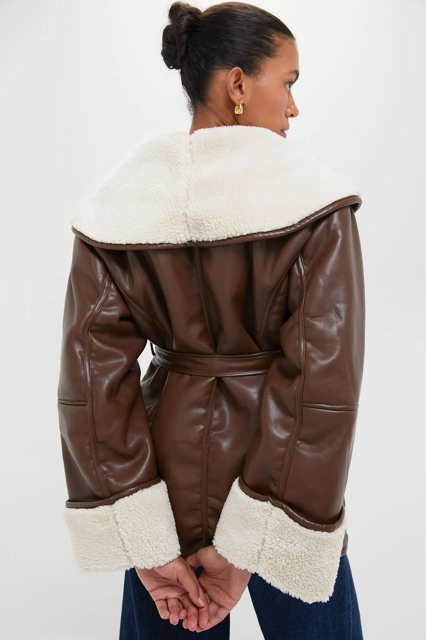 Brown and Ivory Vegan Leather Bonded Faux Fur Jacket