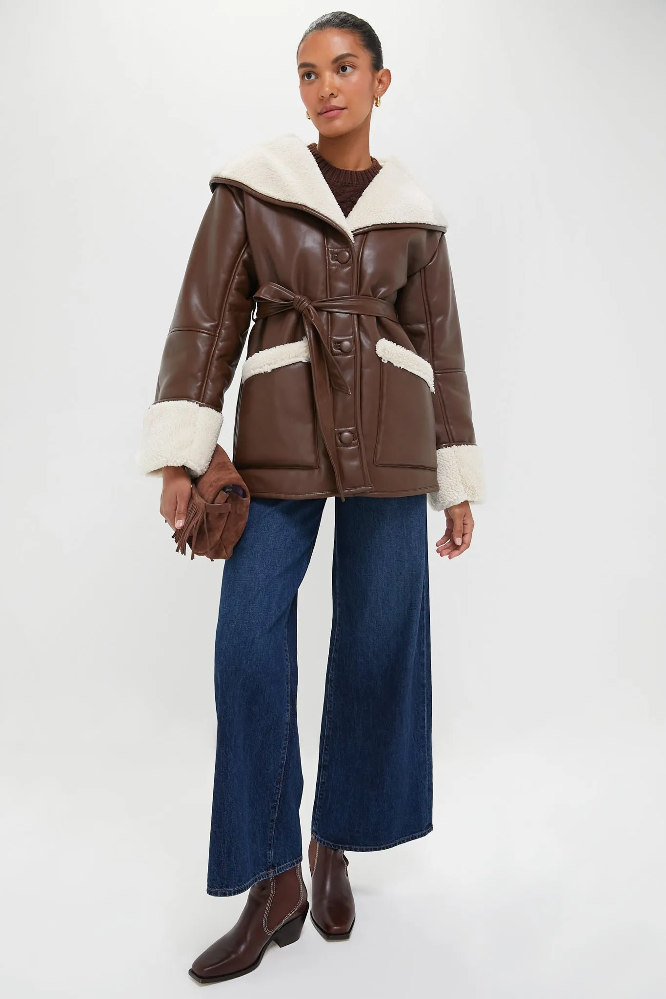 Brown and Ivory Vegan Leather Bonded Faux Fur Jacket