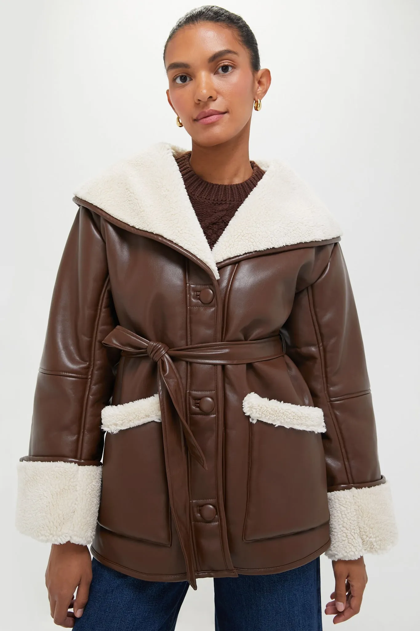 Brown and Ivory Vegan Leather Bonded Faux Fur Jacket