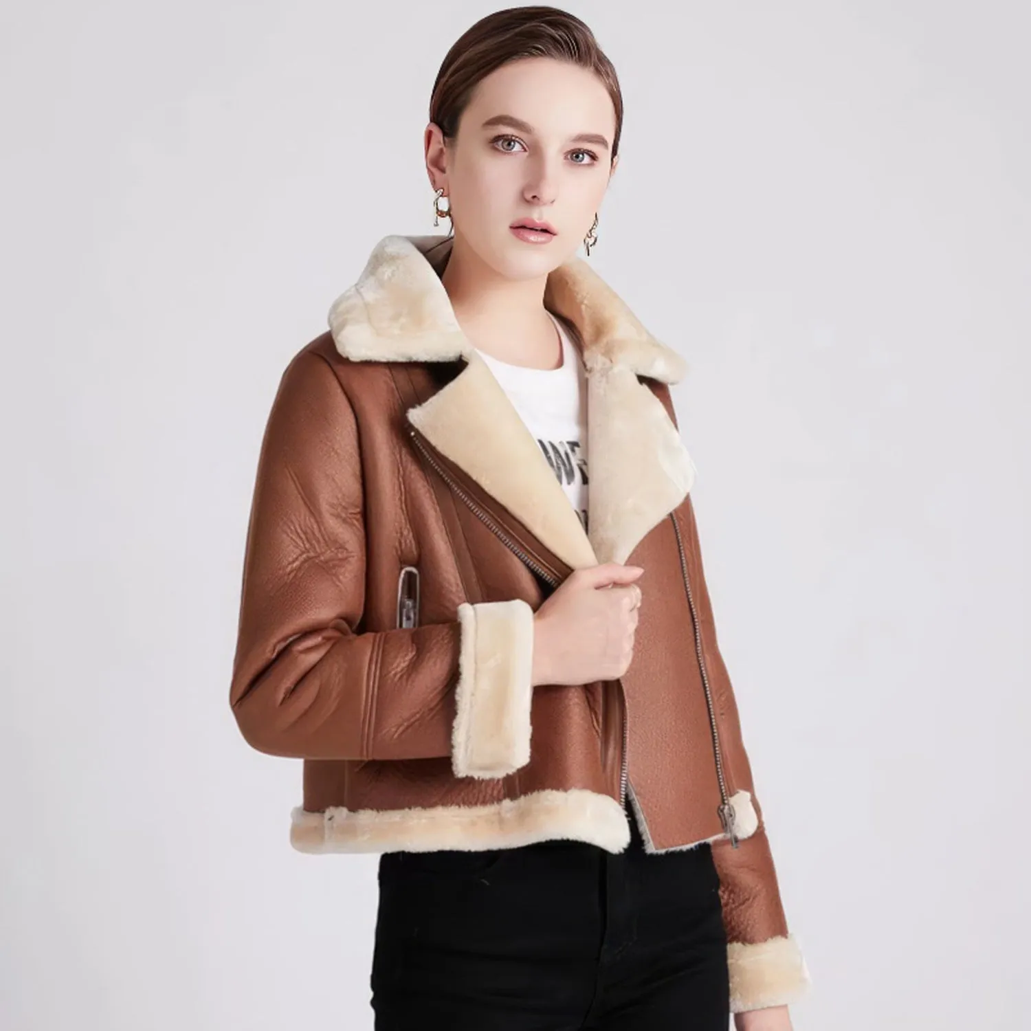 Brown Aviator Genuine Sheepskin Leather Jacket