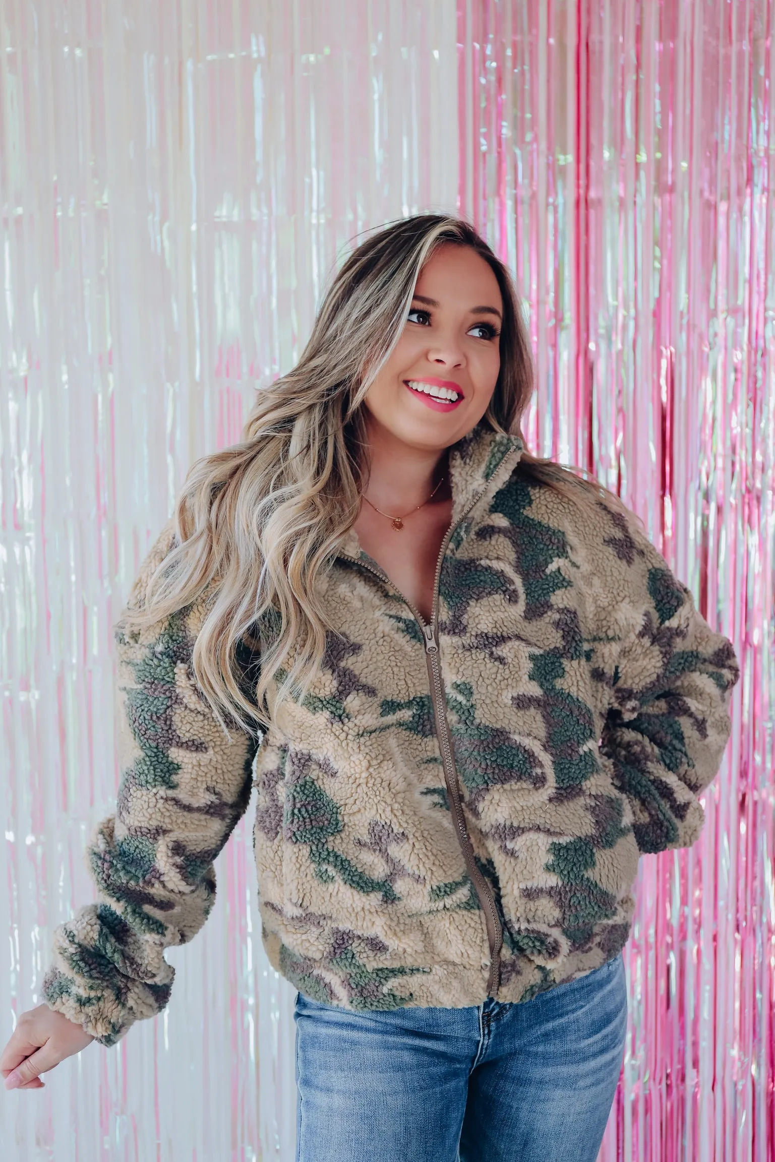 Camo Print Sherpa Jacket - Mocha