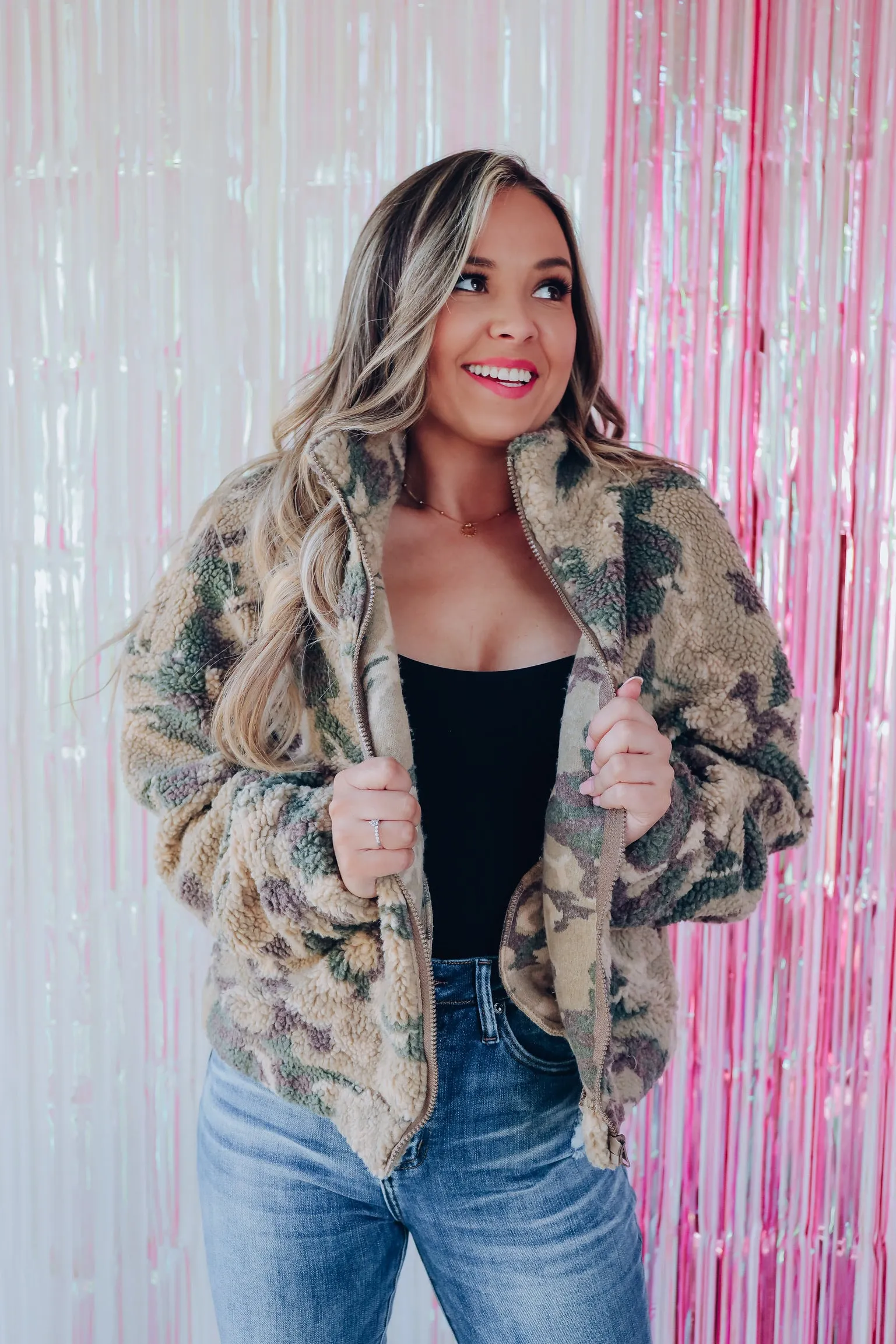 Camo Print Sherpa Jacket - Mocha