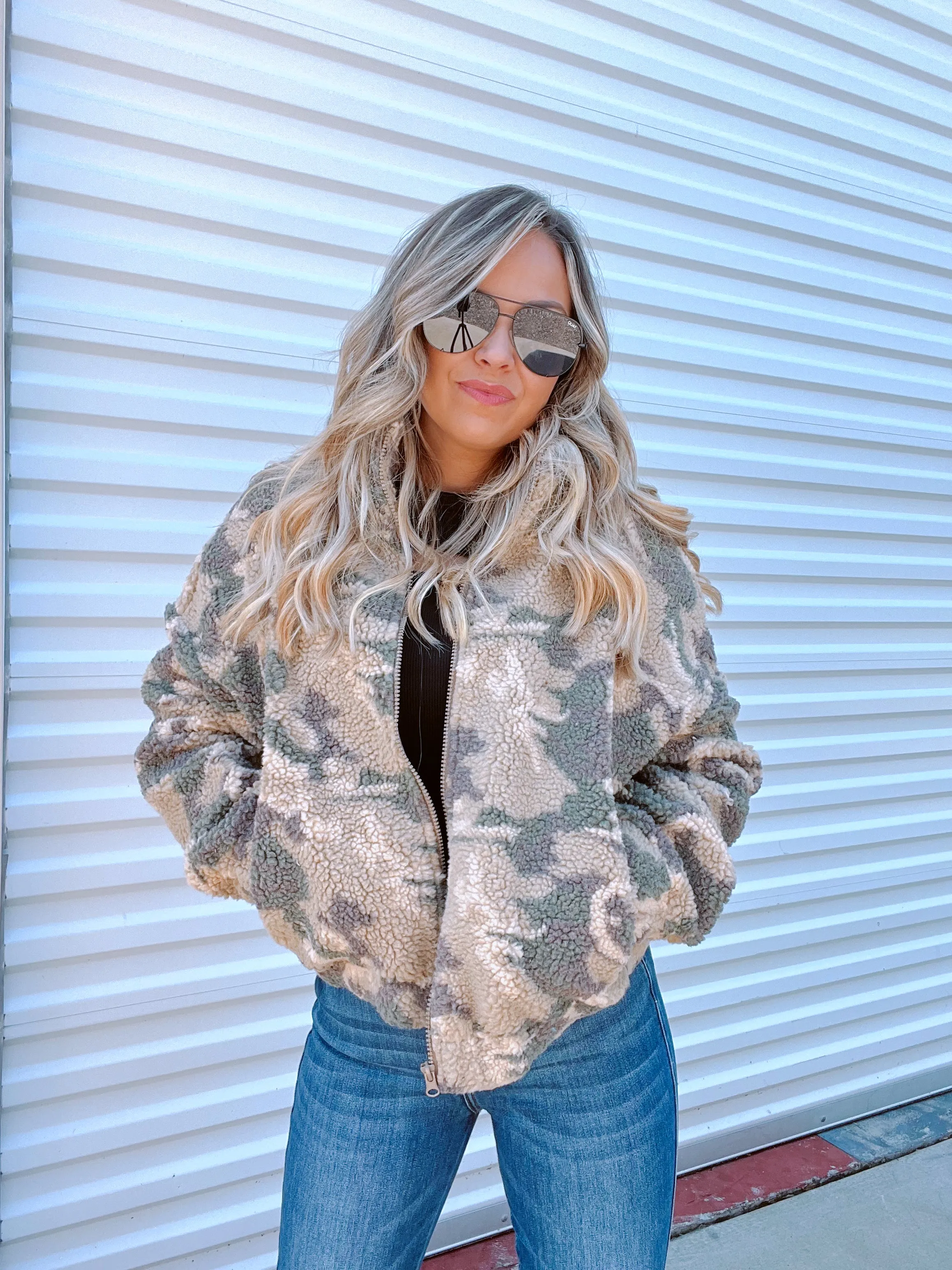 Camo Print Sherpa Jacket - Mocha