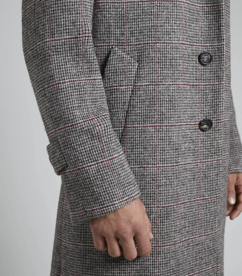 Claret/Grey Wool Balmacaan Overcheck Overcoat