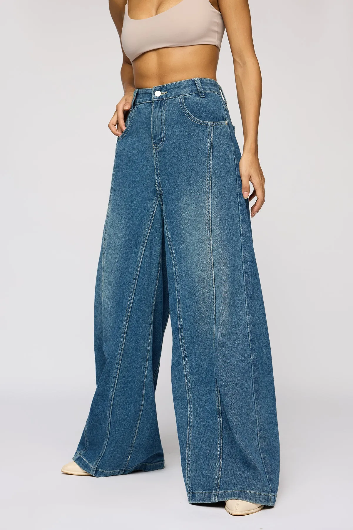 Classic Navy Denim Flared Korean Pants