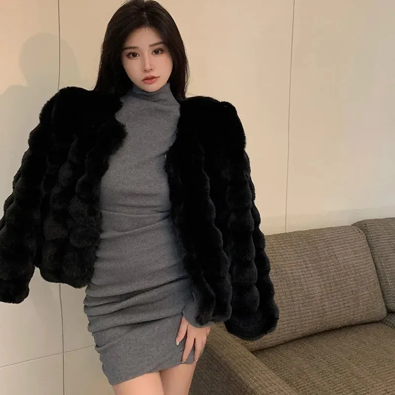 cold weather outfits Joskaa 2024 Winter New Style Thickened Eco-Friendly Lamb Wool Petite Plush Overcoat Women's Angora Yarns Sunday Leather Jacket