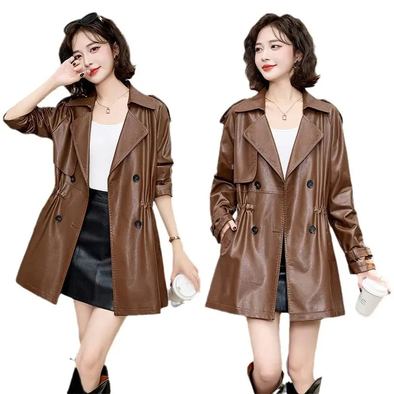 cold weather outfits Joskaa Fashionable Medium-Length Leather Jacket For Women Petite Waist-Fitted Slimming British Style Spring Autumn Overcoat