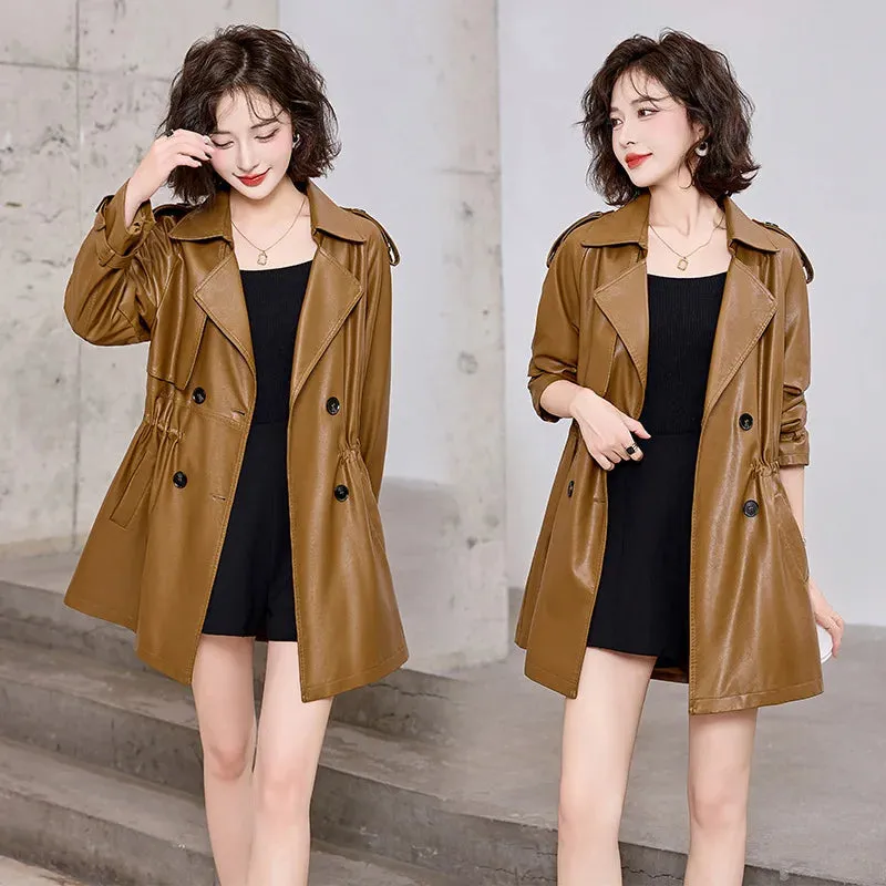 cold weather outfits Joskaa Fashionable Medium-Length Leather Jacket For Women Petite Waist-Fitted Slimming British Style Spring Autumn Overcoat