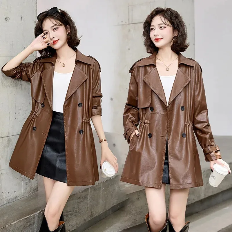 cold weather outfits Joskaa Fashionable Medium-Length Leather Jacket For Women Petite Waist-Fitted Slimming British Style Spring Autumn Overcoat