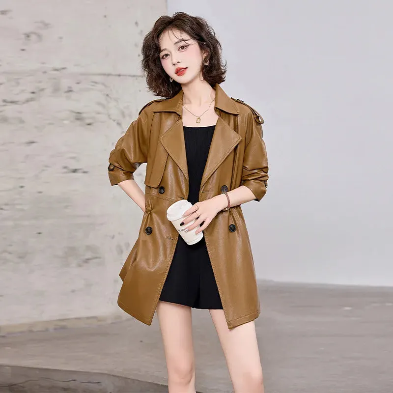 cold weather outfits Joskaa Fashionable Medium-Length Leather Jacket For Women Petite Waist-Fitted Slimming British Style Spring Autumn Overcoat