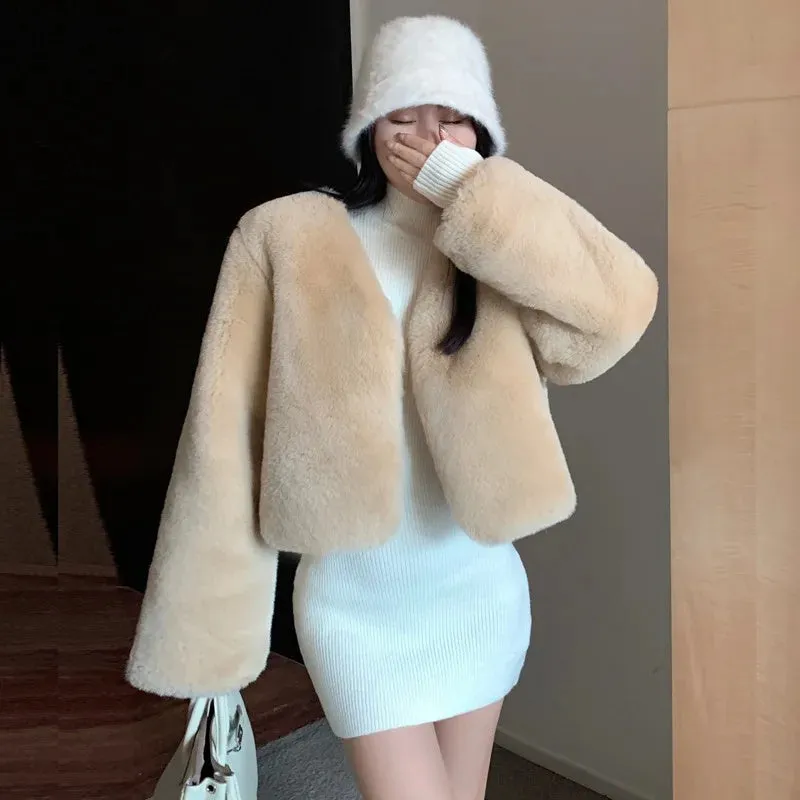 cold weather outfits Joskaa Plus Size Winter Korean Style Leather Alternative Eco-Friendly Plush Jacket High-End Thickened Cropped Overcoat For Plus Size