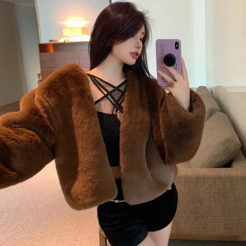 cold weather outfits Joskaa Plus Size Winter Korean Style Leather Alternative Eco-Friendly Plush Jacket High-End Thickened Cropped Overcoat For Plus Size