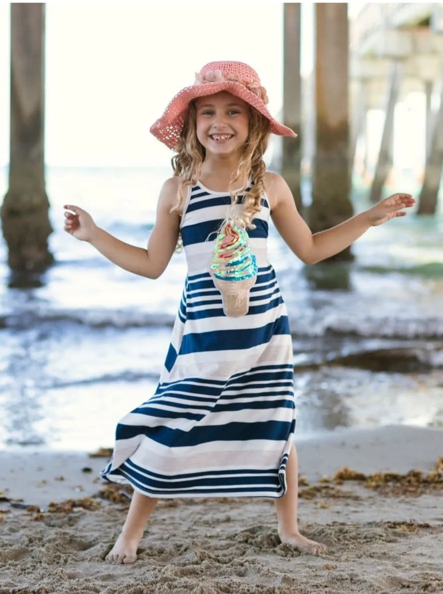 Girls Navy And Oatmeal Striped Ice Cream Applique Maxi Dress