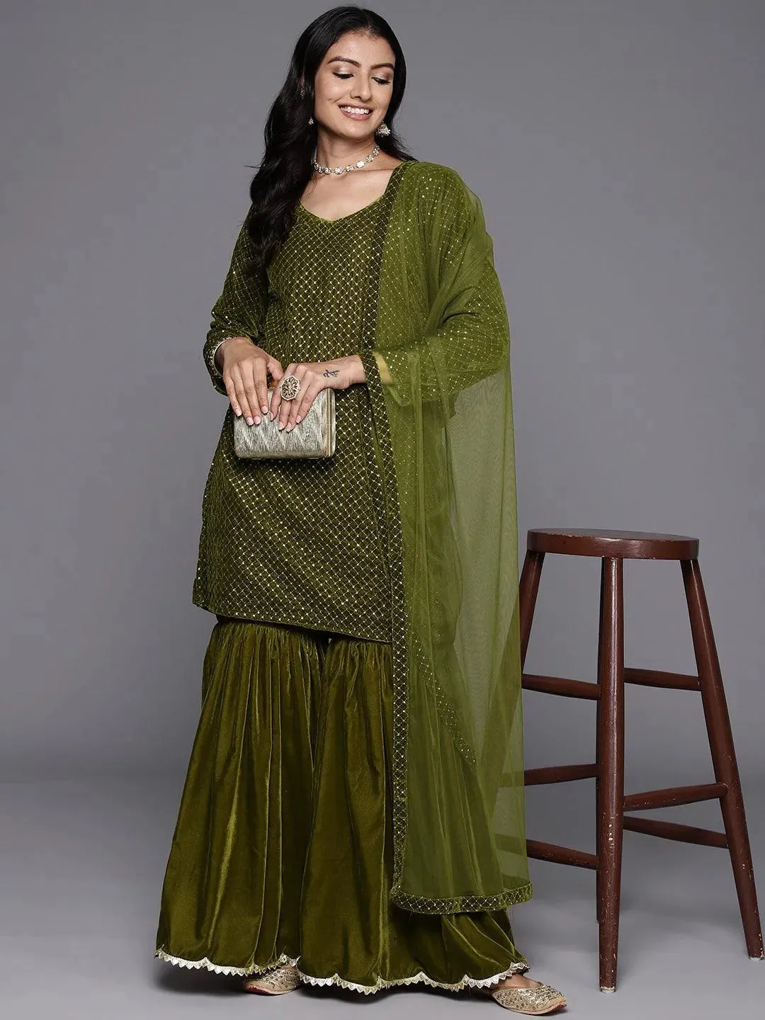 Green Embroidered Velvet Straight Suit With Dupatta