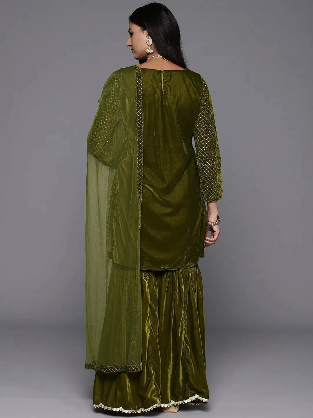 Green Embroidered Velvet Straight Suit With Dupatta