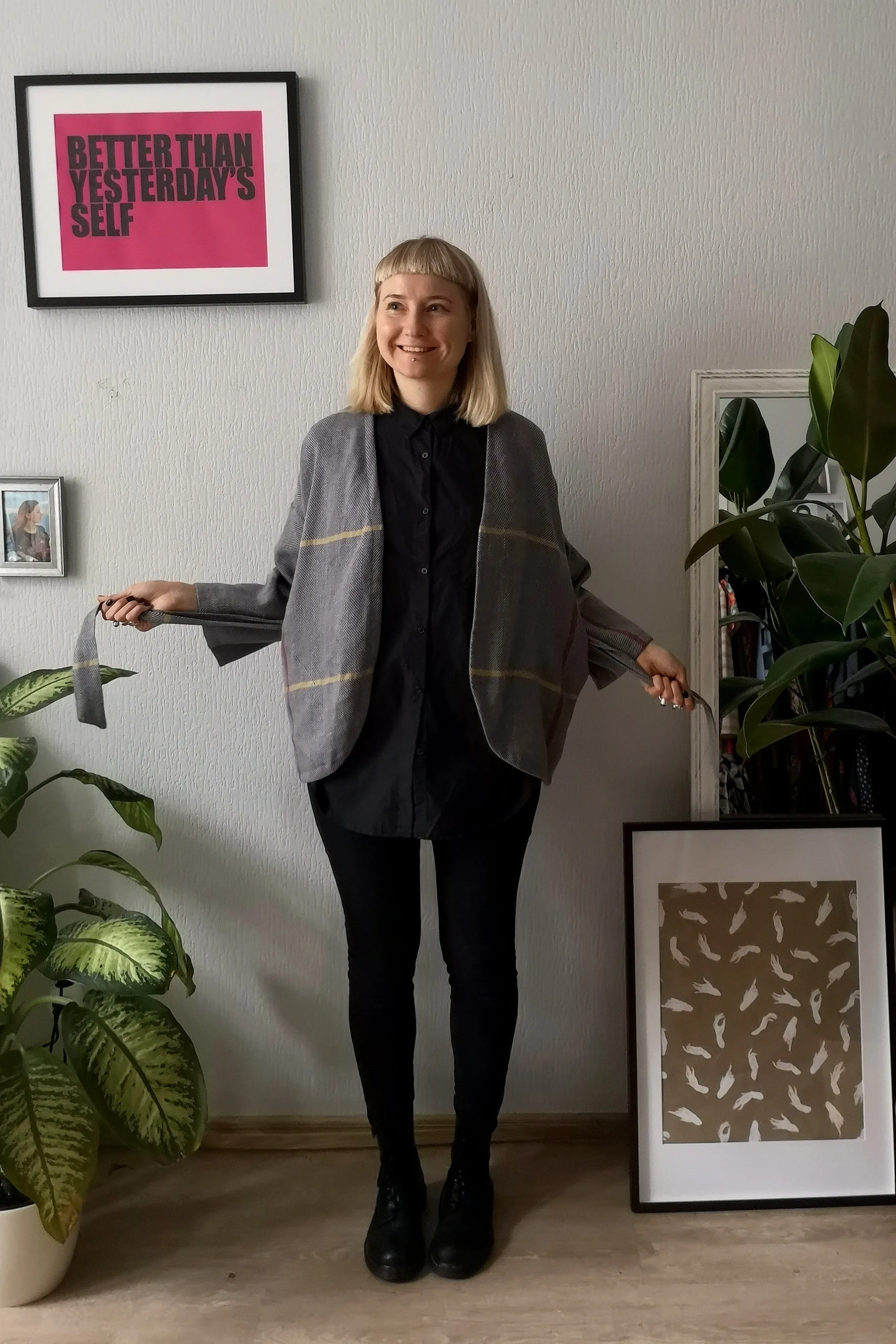 Grey Oversized Textured Linen and Wool Blend Kimono Jacket - Perfect Minimalist Piece (without belt)