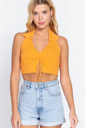 Halter Ruched Crop Sweater Knit Top