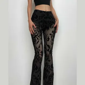 Lace solid high rise textured flared pant