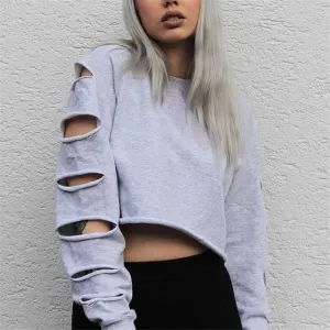 Ladies oversize distressed cut sleeve crop sweatshirt