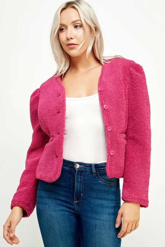 Magenta Puff Sleeve Teddy Jacket