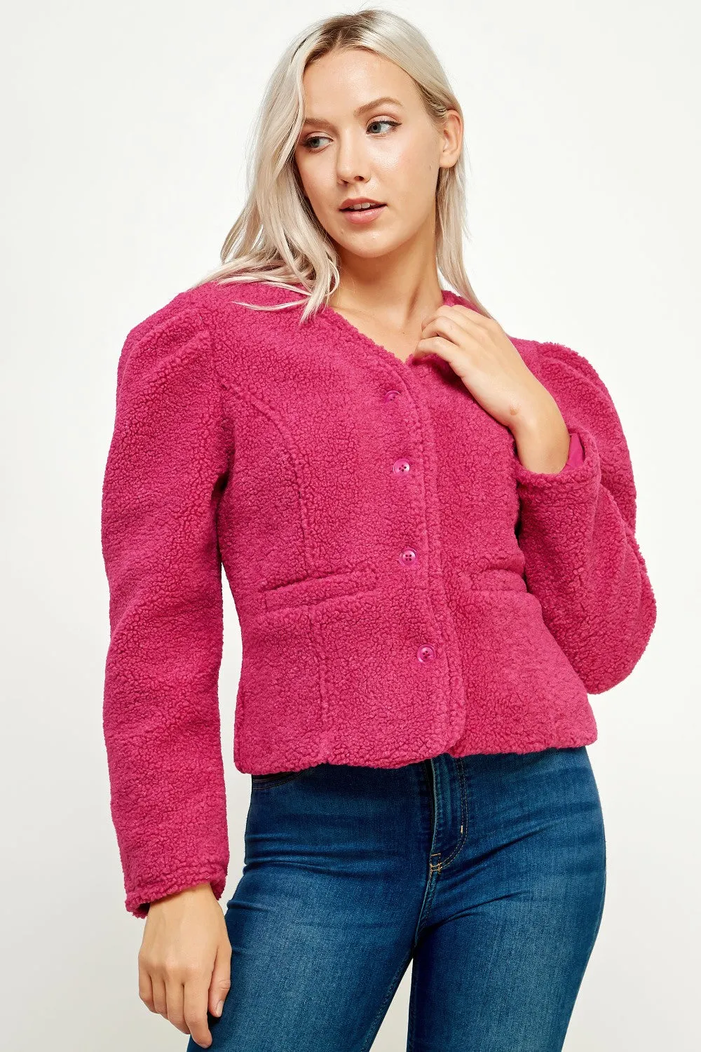 Magenta Puff Sleeve Teddy Jacket