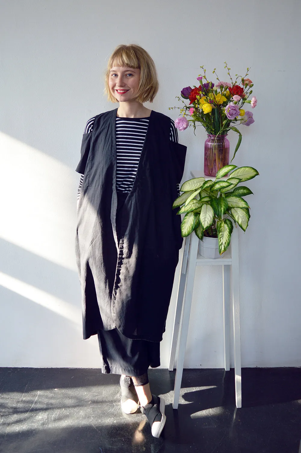 Minimalist dream - Transformer piece for all seasons - Cold Shoulder Black Linen kimono/ dress/ jacket