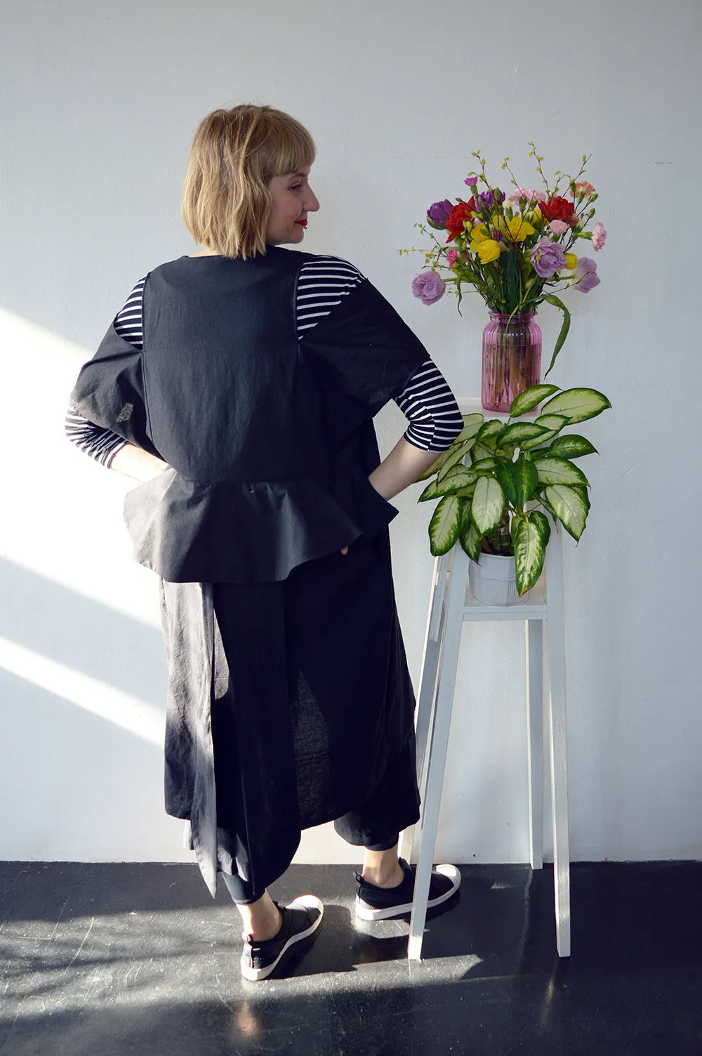 Minimalist dream - Transformer piece for all seasons - Cold Shoulder Black Linen kimono/ dress/ jacket