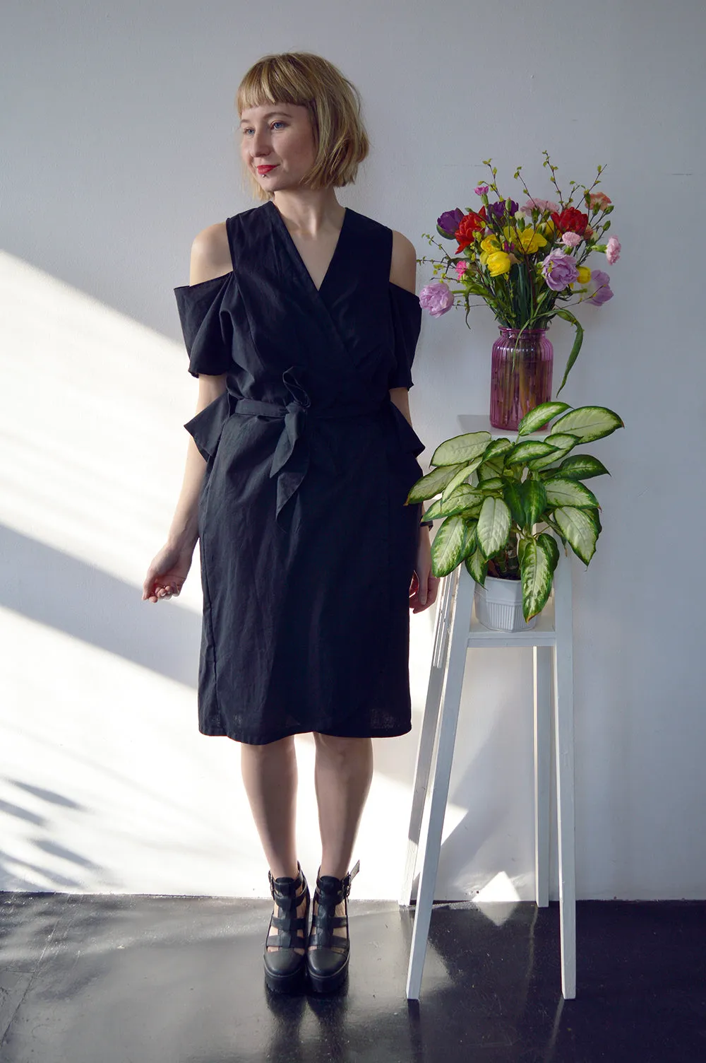 Minimalist dream - Transformer piece for all seasons - Cold Shoulder Black Linen kimono/ dress/ jacket