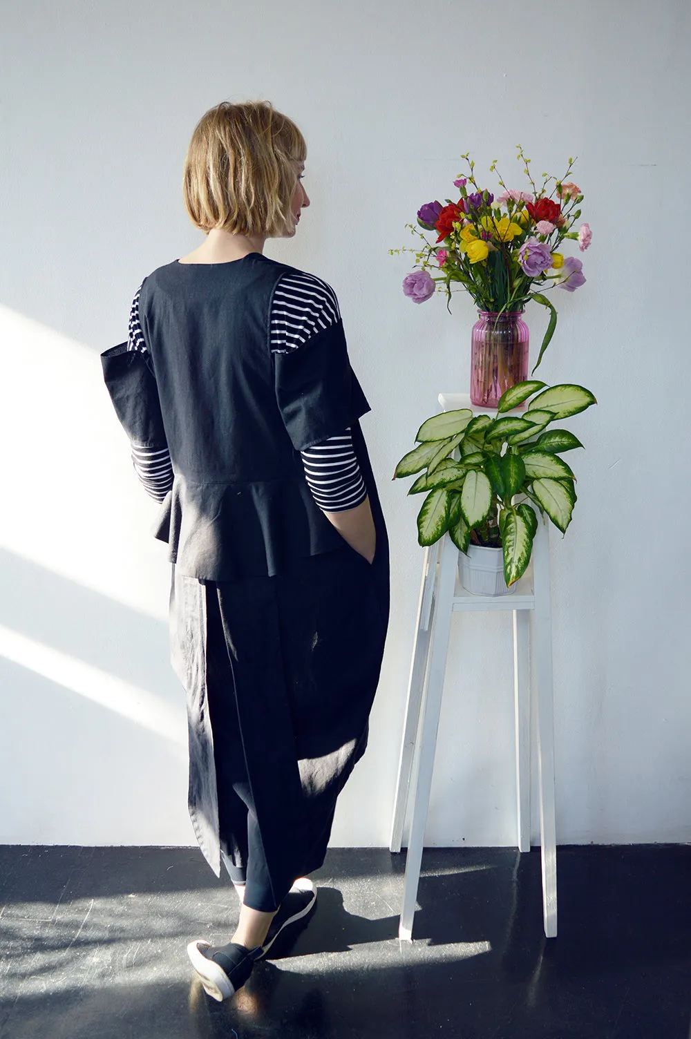 Minimalist dream - Transformer piece for all seasons - Cold Shoulder Black Linen kimono/ dress/ jacket