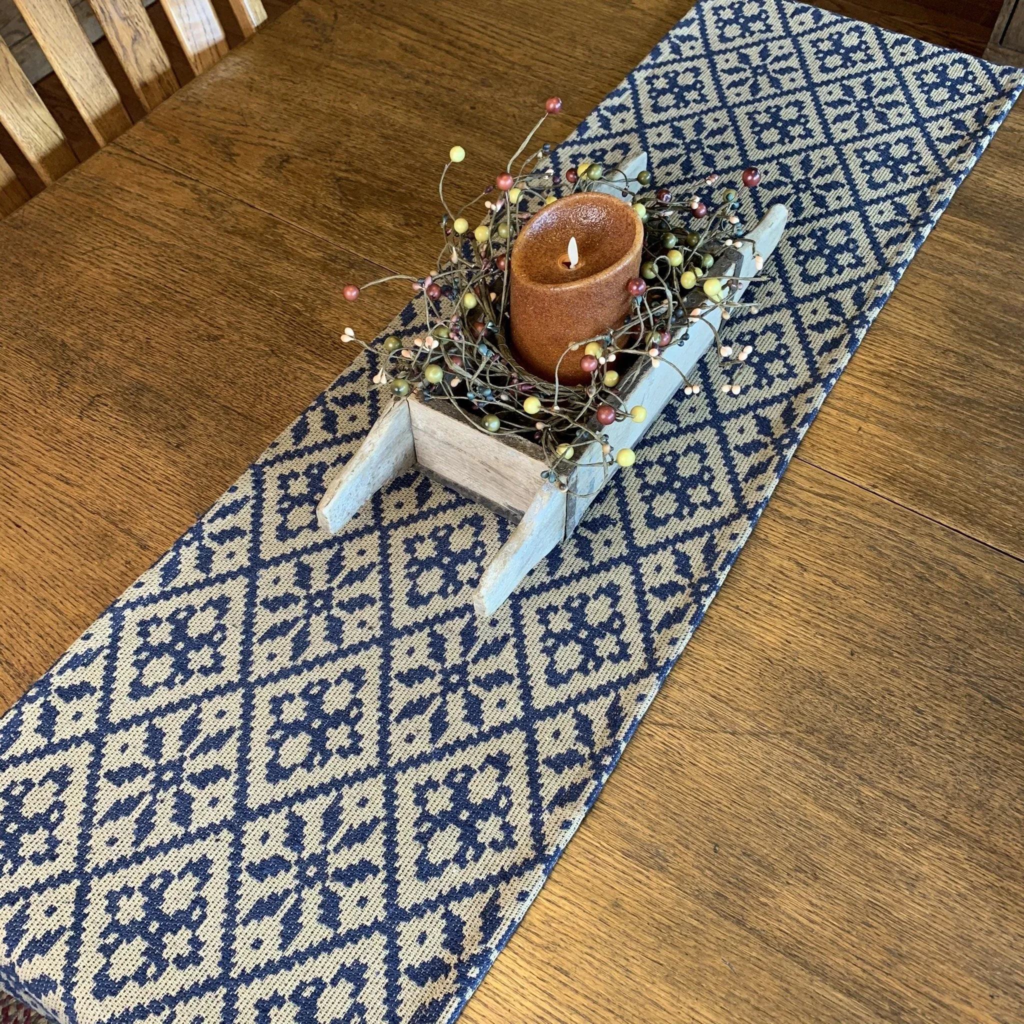 Morning Meadows Navy and Tan Woven Table Runner 56"