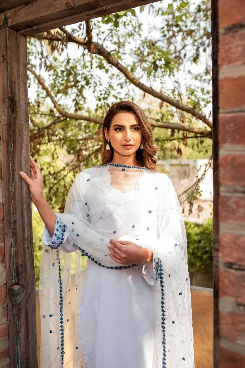 Natasha Kamal - White Cotton Net Shirt and Viscose Silk Pants and Net Dupatta - 3 Piece