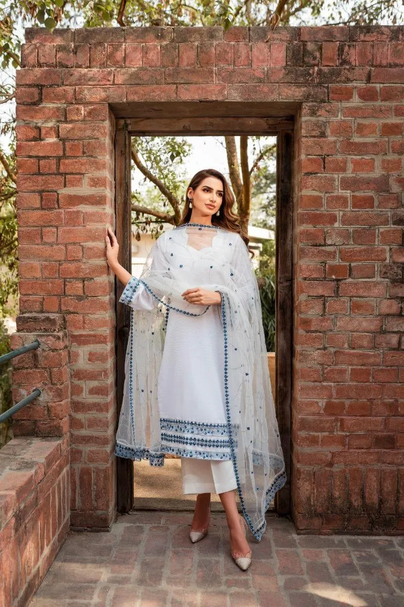 Natasha Kamal - White Cotton Net Shirt and Viscose Silk Pants and Net Dupatta - 3 Piece