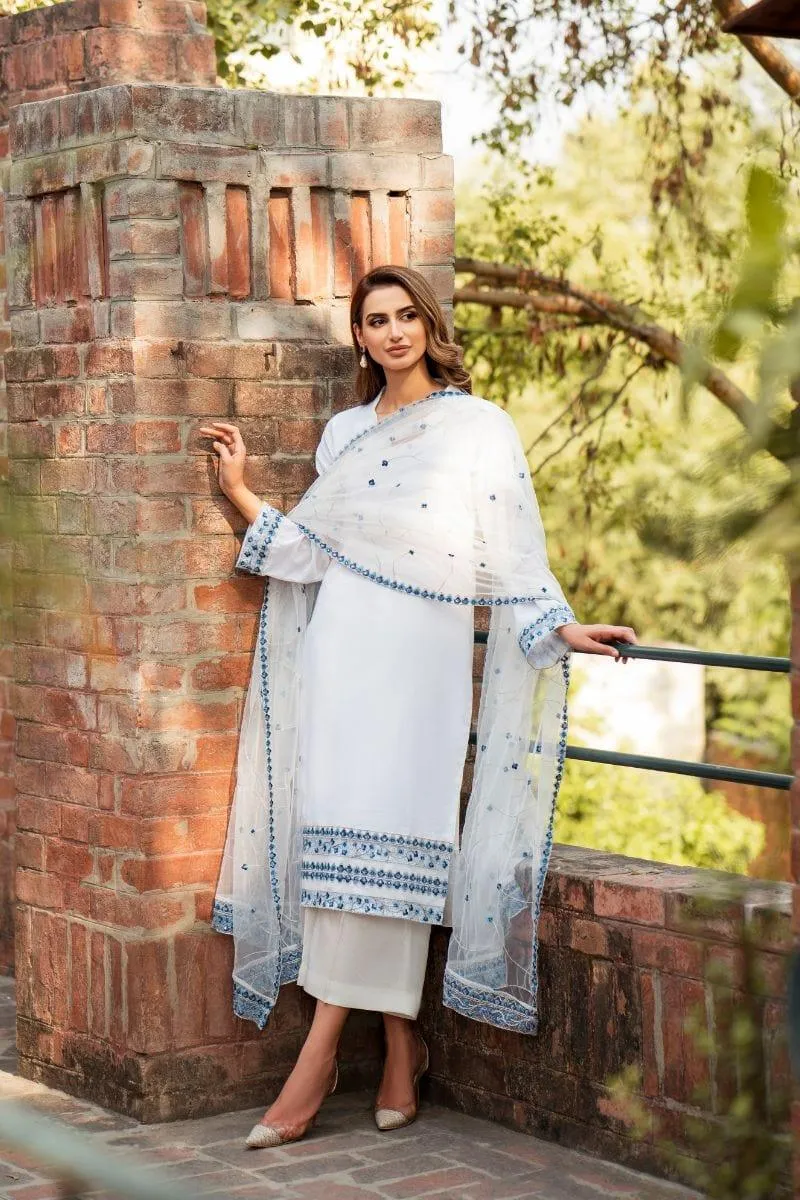 Natasha Kamal - White Cotton Net Shirt and Viscose Silk Pants and Net Dupatta - 3 Piece