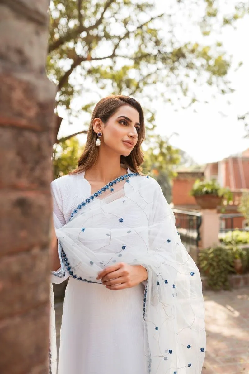 Natasha Kamal - White Cotton Net Shirt and Viscose Silk Pants and Net Dupatta - 3 Piece