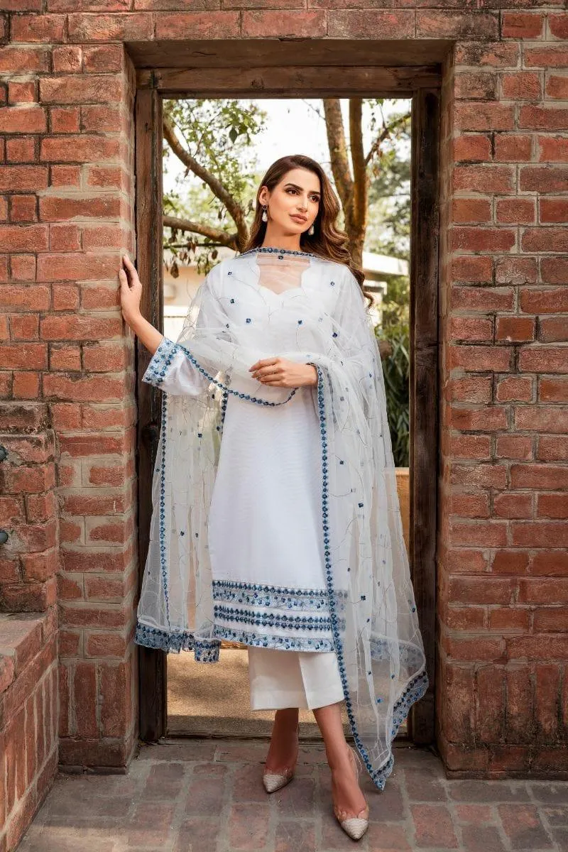 Natasha Kamal - White Cotton Net Shirt and Viscose Silk Pants and Net Dupatta - 3 Piece