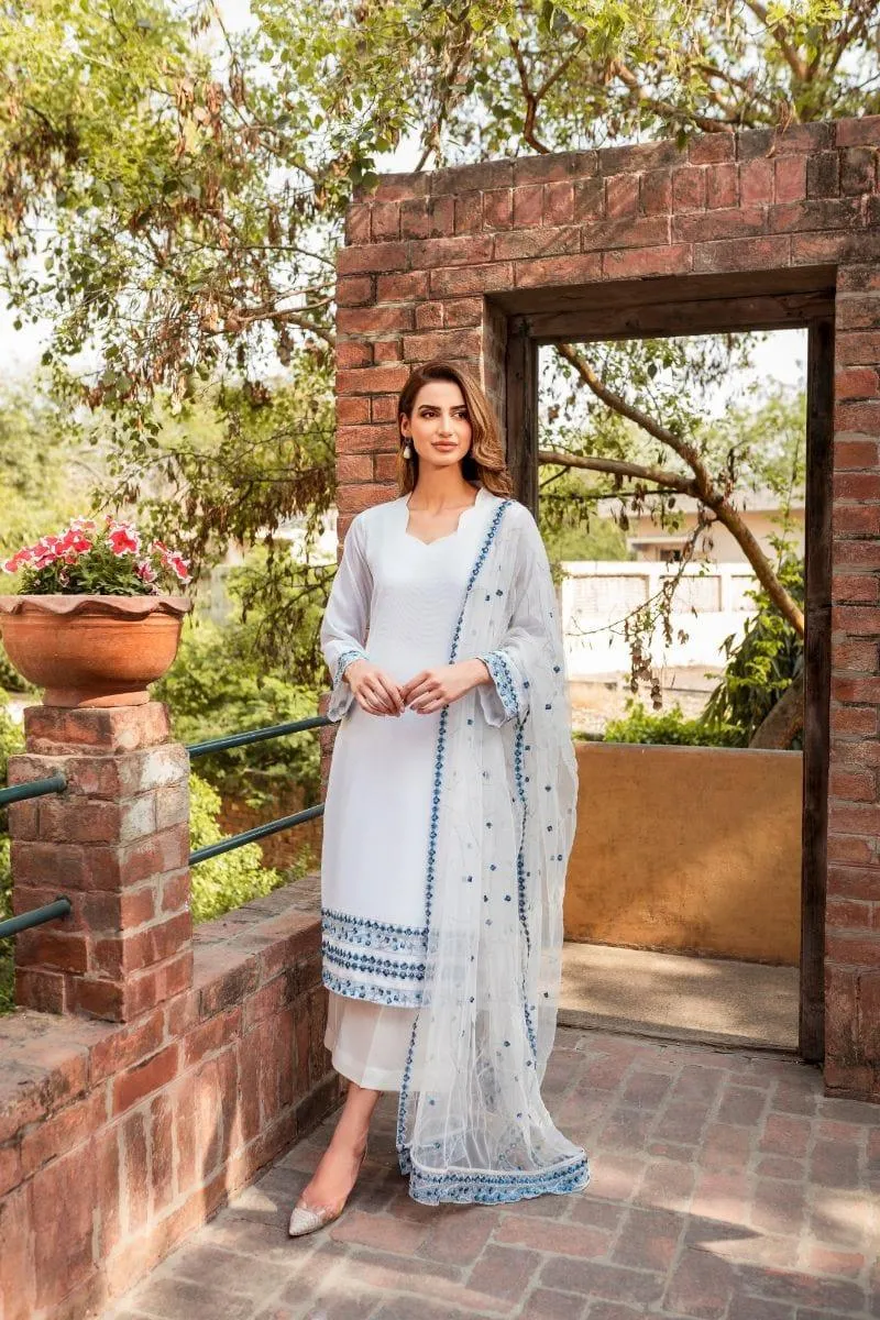 Natasha Kamal - White Cotton Net Shirt and Viscose Silk Pants and Net Dupatta - 3 Piece