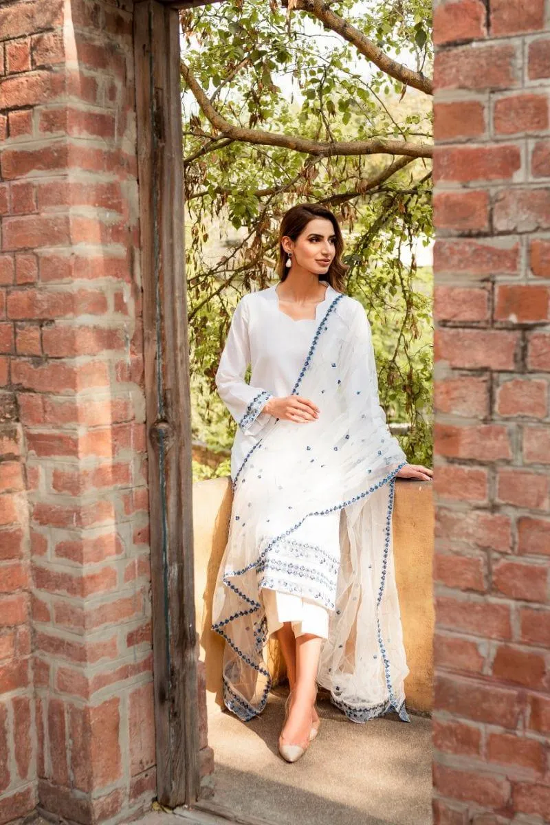 Natasha Kamal - White Cotton Net Shirt and Viscose Silk Pants and Net Dupatta - 3 Piece