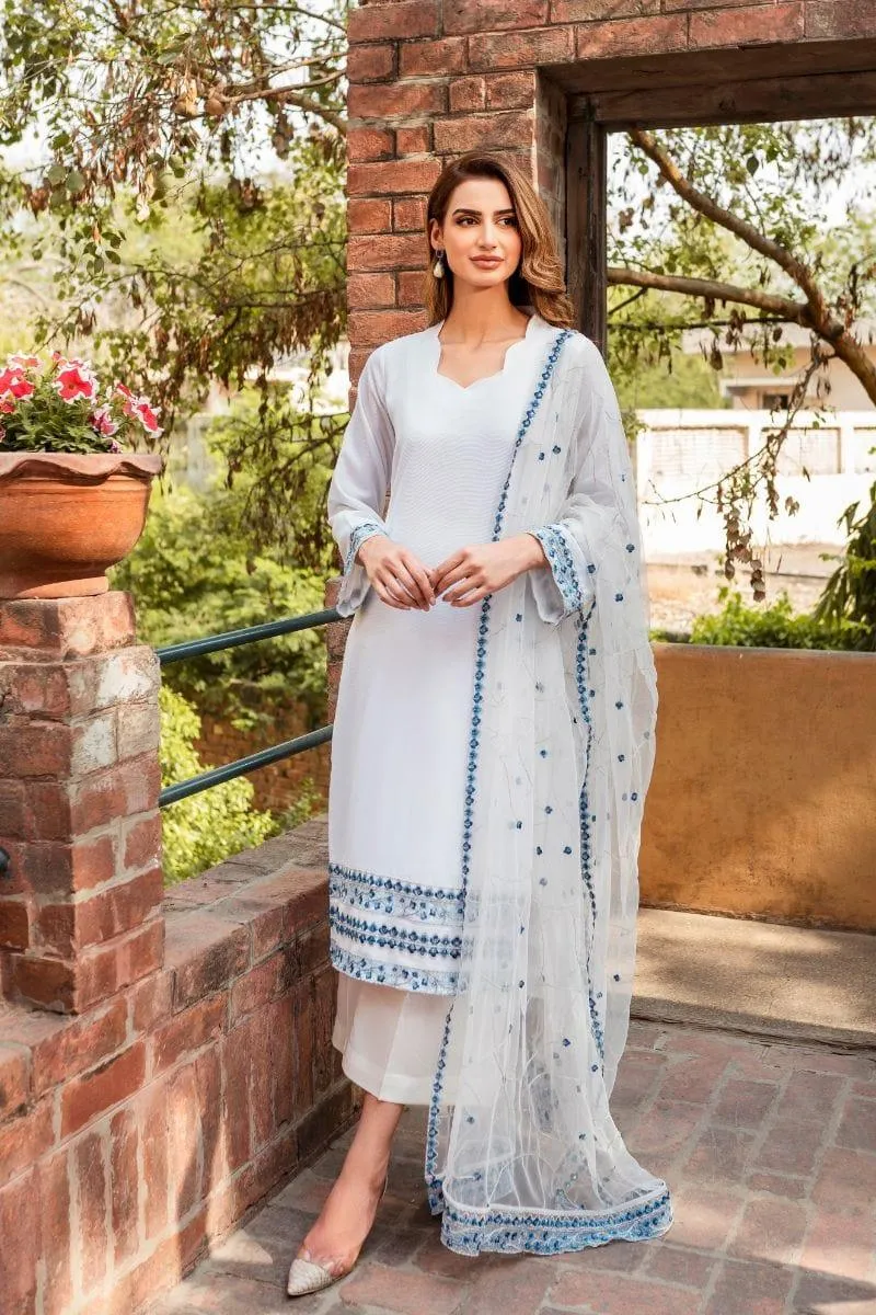 Natasha Kamal - White Cotton Net Shirt and Viscose Silk Pants and Net Dupatta - 3 Piece