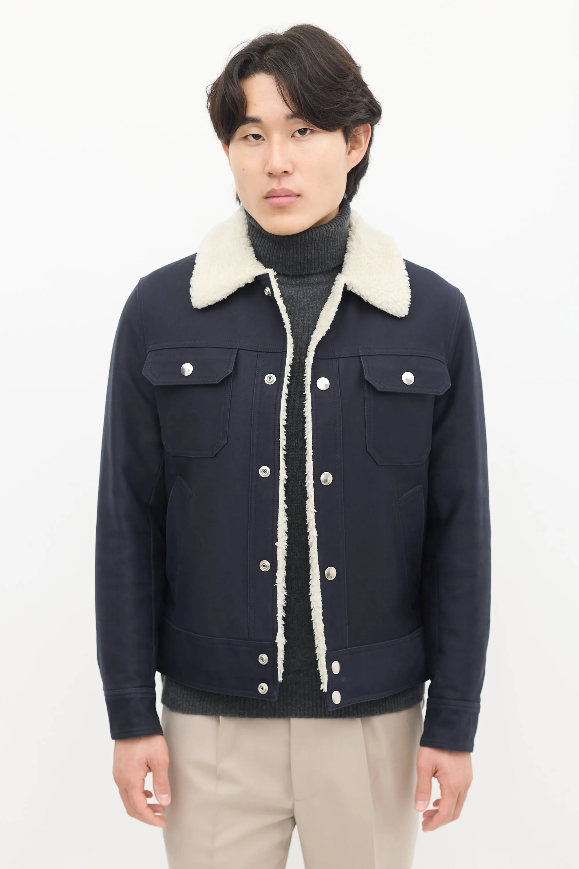 Navy & Cream Sherpa Lined Jacket