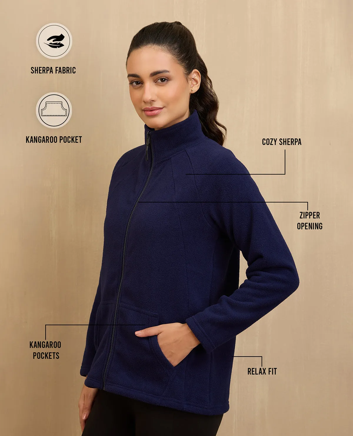 NYKD By Nykaa Cozy Sherpa Front open Jacket-NYLE701-Navy