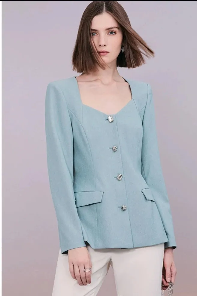 PURITY Classic blue blazer front slit slightly flared pants- Madison