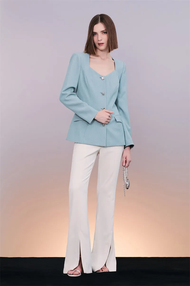 PURITY Classic blue blazer front slit slightly flared pants- Madison