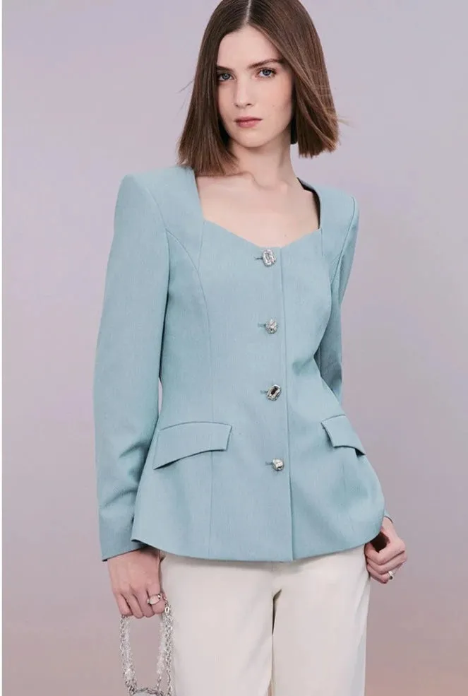 PURITY Classic blue blazer front slit slightly flared pants- Madison