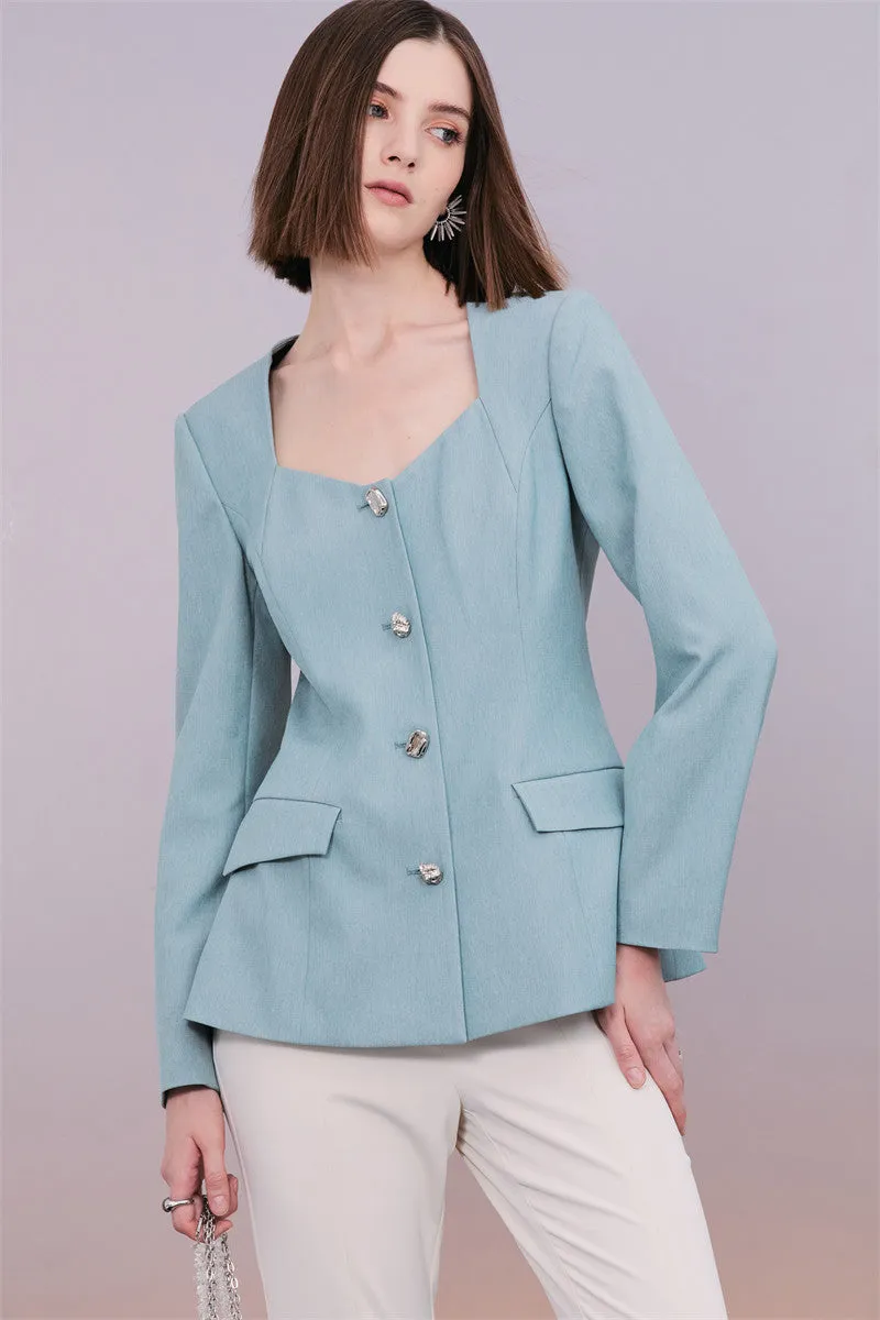 PURITY Classic blue blazer front slit slightly flared pants- Madison