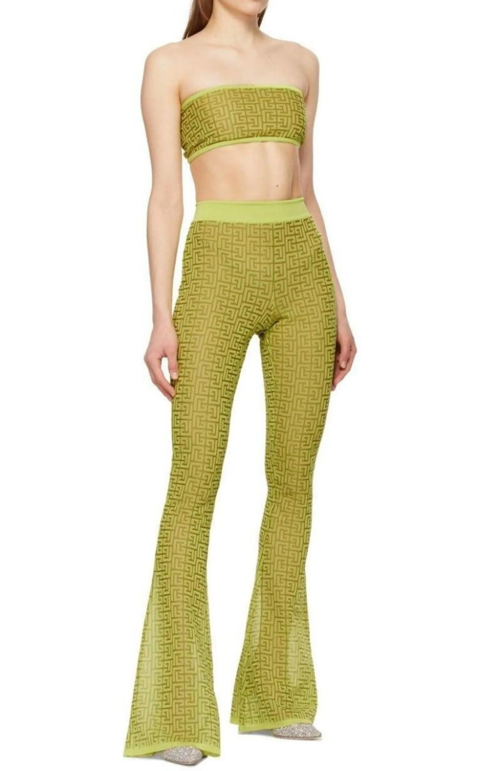 Semi-sheer Monogram Pattern Flared Pants